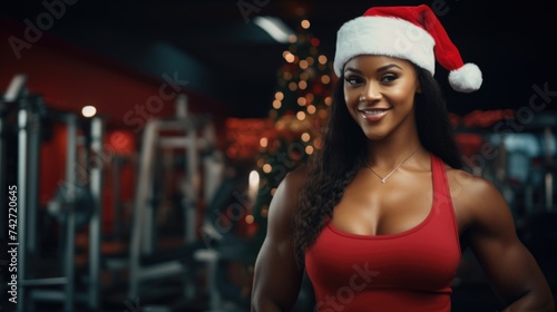 A woman wearing a Santa hat in a gym. Perfect for holiday fitness promotions