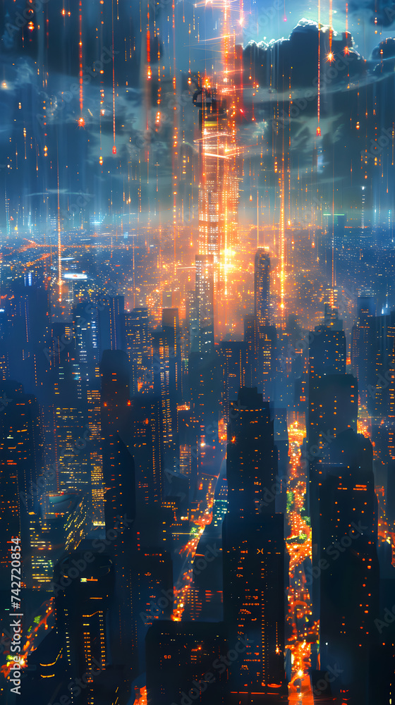 Obraz premium Futuristic cityscape with digital rain and glowing structures at night.