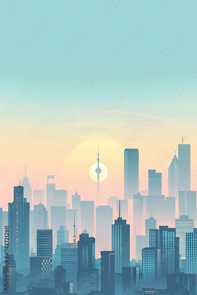 2d flat illustration abstract vector graphic design of a city skyline with modern high rise buildings