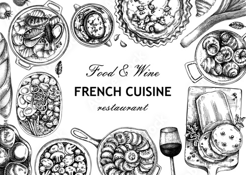 French food frame design. Vintage food and wine sketches. European restaurant menu template. France background. Hand-drawn vector illustration, NOT AI generated