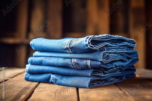 Stack of blue jeans on a wooden table, versatile for fashion or retail concepts