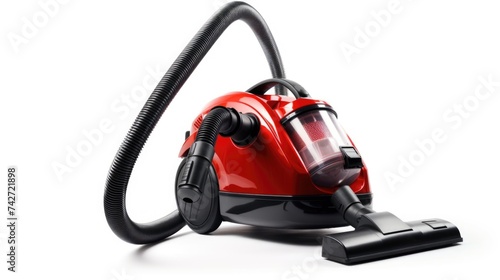 A modern vacuum cleaner in red and black colors. Ideal for household cleaning tasks