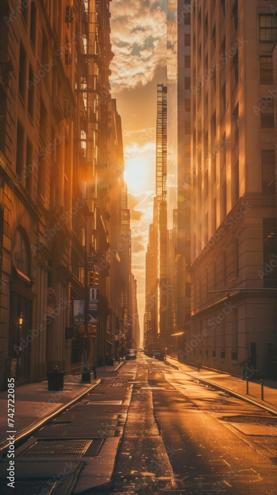 Urban Sunrise Scene - Warm sunlight bathes the city streets at dawn, perfect for urban lifestyle and travel themes.