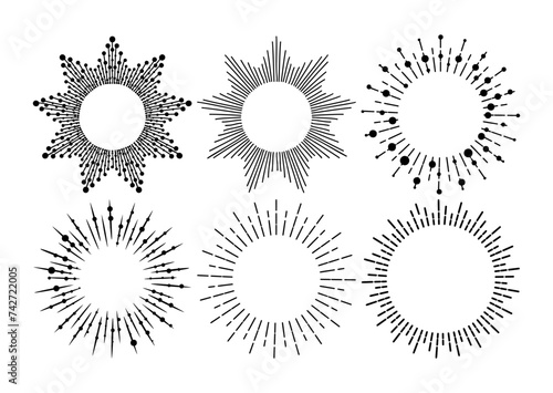Sunburst vintage explosion. Hand drawn vector Design, magical Element. Fireworks collection. Bohemian sunrays linear icons and symbols for decoration