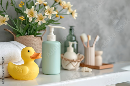 Set of baby bath products: bottle for shampoo (shower gel, lotion, oil), rubber duck, towels in bathroom. Copy space for text. Concept of baby bath accessories. AI Generative.