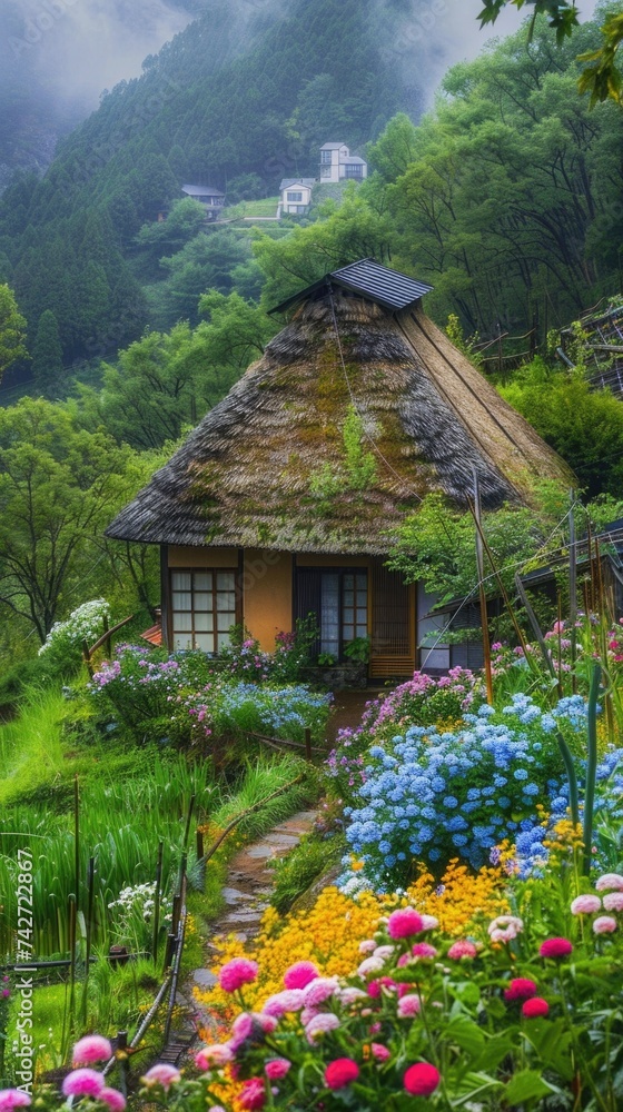an old small traditional wooden cottage with a small vegetation farm field on mountain top at rural countryside