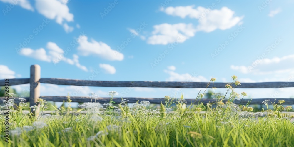 A peaceful scene of a grass field with a wooden fence in the background. Suitable for nature and outdoor themes