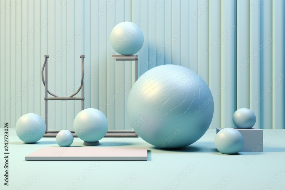 A group of balls and a stand in a room. Suitable for interior design concepts A group of balls and a stand in a room. Suitable for interior design concepts