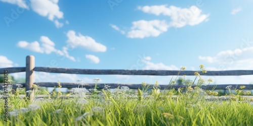 A peaceful scene of a grass field with a wooden fence in the background. Suitable for nature and outdoor themes