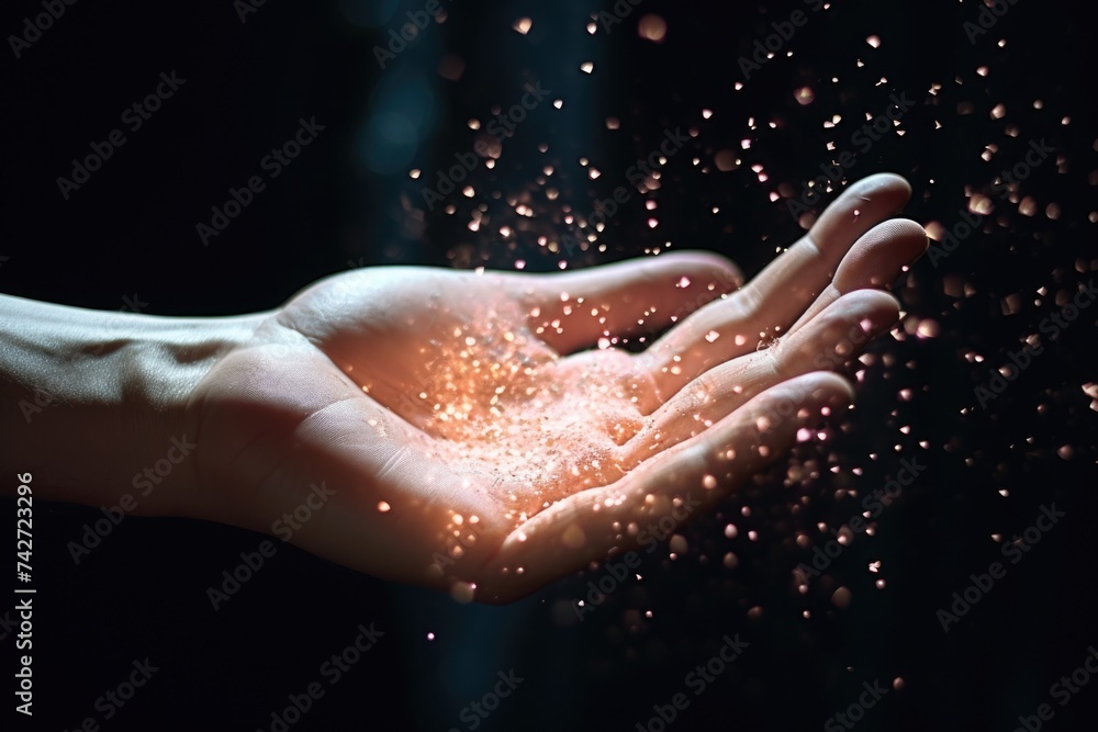 Person holding a handful of glitter. Ideal for festive and celebration concepts - obrazy, fototapety, plakaty 
