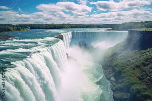 A stunning view of a waterfall against a beautiful sky backdrop. Perfect for nature and travel themes