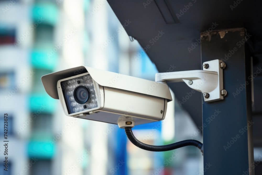 Security camera mounted on building, ideal for security concept