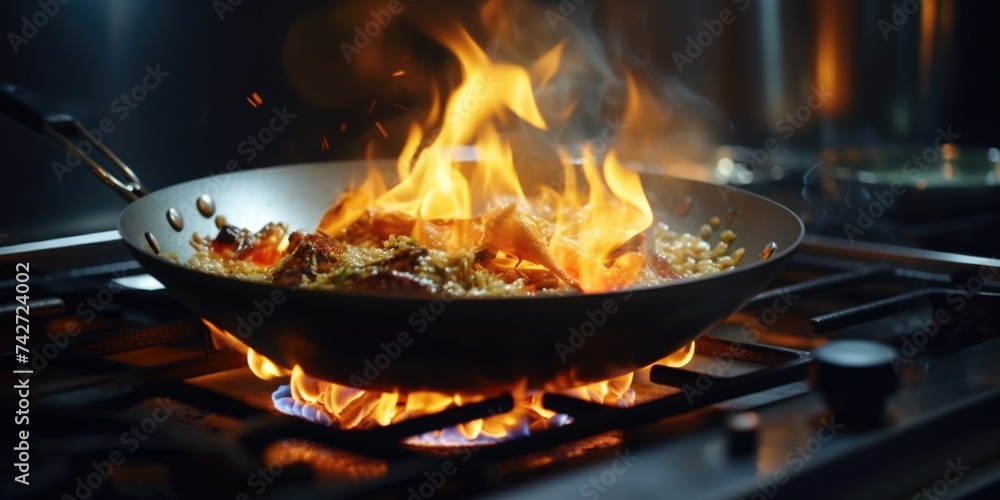A dangerous situation with a frying pan on fire, caution advised A dangerous situation with a frying pan on fire, caution advised