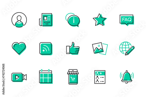 Applications and messengers - set of line design style icons isolated on white background. Quality images of information, FAQ, online shopping, notification, like, star rating, calendar, avatar