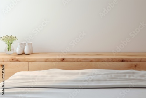 A simple white vase sitting on a wooden dresser. Suitable for interior design concepts