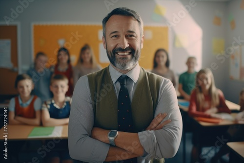 A man standing in front of a classroom full of children. Suitable for educational concepts