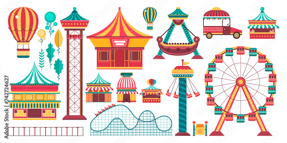 Hand drawn flat amusement park set Hand drawn flat amusement park set