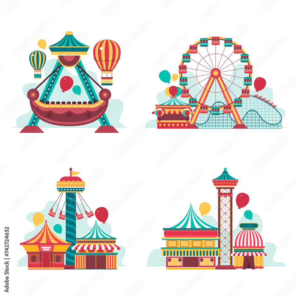Hand drawn flat amusement park mini composition set