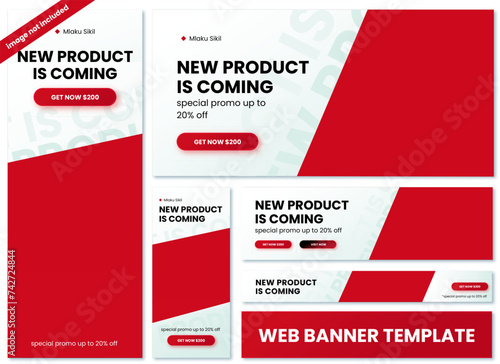 set of moernweb banners of standard size. Gradient red. Business ad banner. Vertical, horizontal and square template.