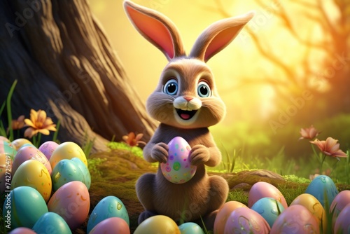 Cute cartoon bunny holding an Easter egg in a field. Perfect for Easter-themed designs