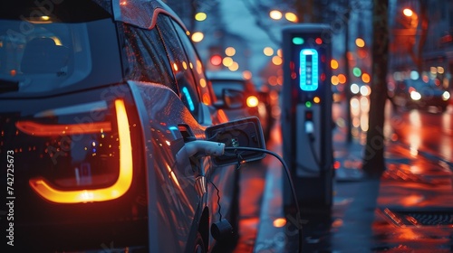 An electric car charges at a public charging station, with glowing lights and city reflections at night.
