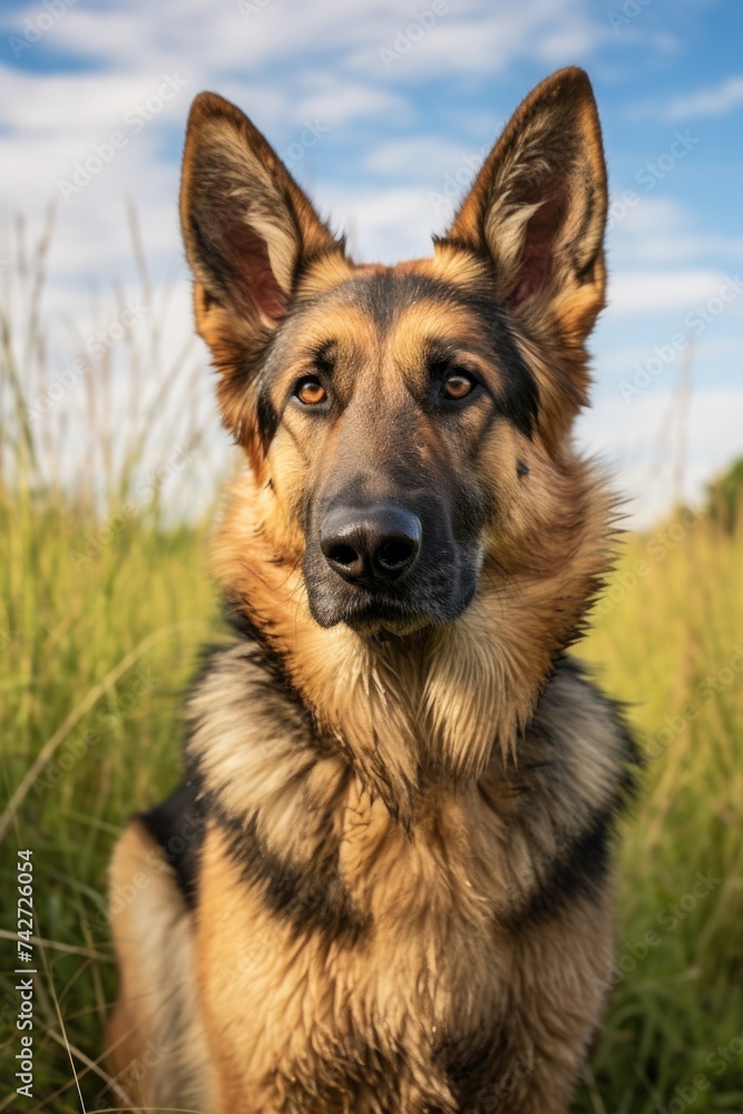 A large brown and black dog sitting in a field. Suitable for pet or outdoor themed designs A large brown and black dog sitting in a field. Suitable for pet or outdoor themed designs