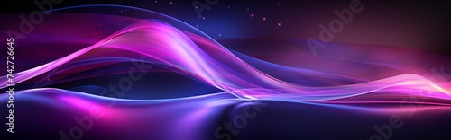 Abstract violet wave background, purple silky smoke, neon glow background, wallpaper, laser beam light lines, high speed internet, technology backdrop.