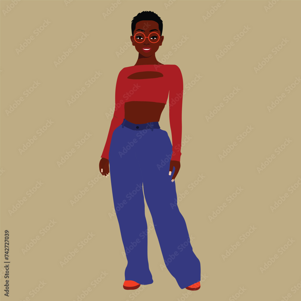 Fototapeta premium Stylish afro black woman in elegant art style vector