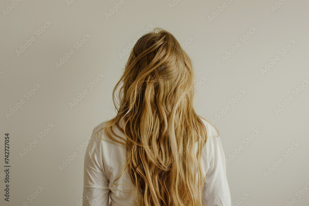 Naklejka premium A girl with beautiful long blonde hair stands back wall