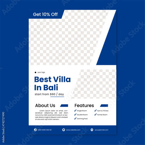 Modern Real Estate Business Flyer Design, Two Color, Vector Template, A4 Size, modern blue Color, Shape Layout.
