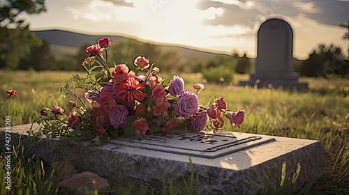 cemetery tombstone with flowers photo