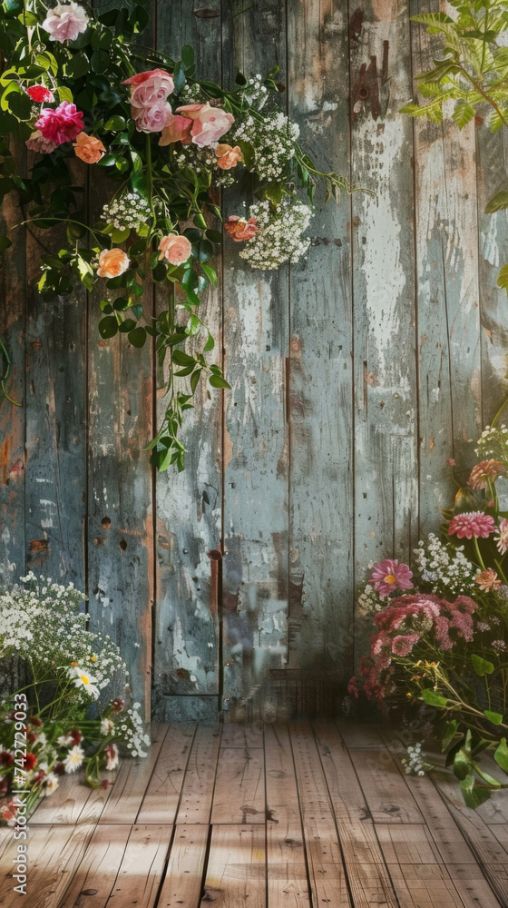Rustic Floral Charm - Fresh flowers against a vintage wooden backdrop creating a rustic aesthetic
