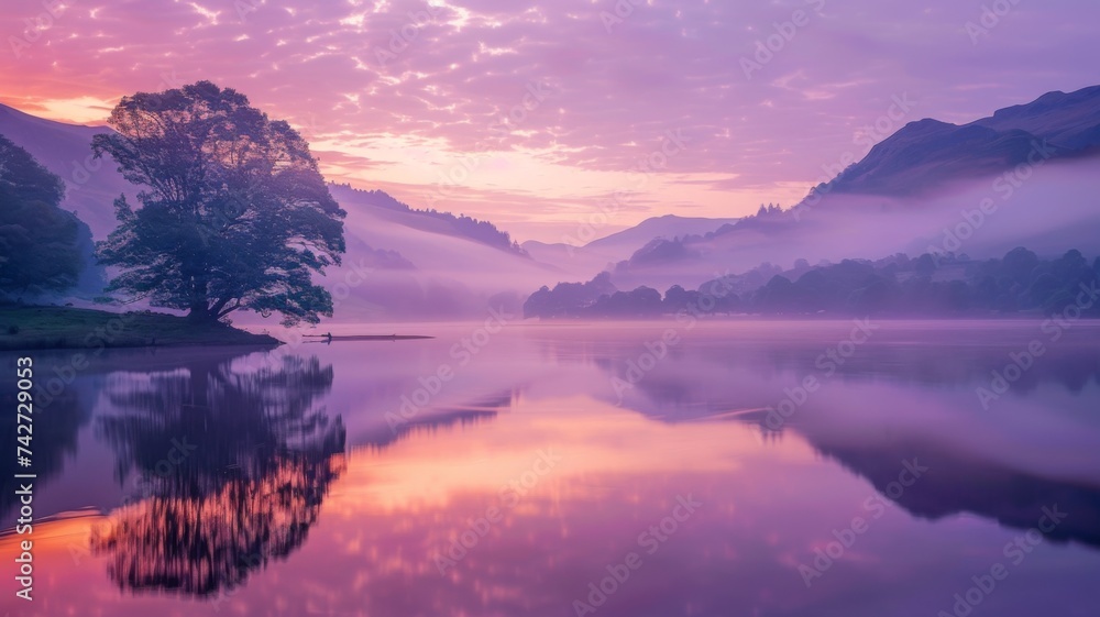 Enchanting Misty Morning at a Calm Lake with Gentle Fog and Warm Sunrise Colors