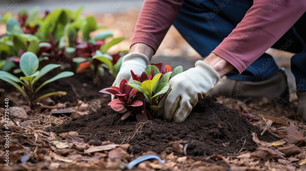 Fototapeta premium grdening mulching a flower bed