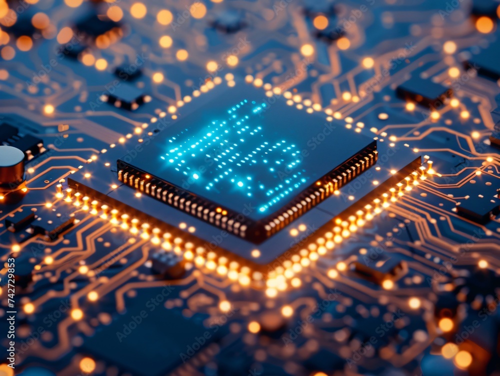 Circuit board with a blue glowing chip at its core showcasing the pulse of modern electronics Circuit board with a blue glowing chip at its core showcasing the pulse of modern electronics