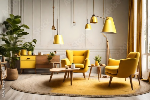 Interior of living room with wooden triangular coffee table, lamps and yellow armchair
