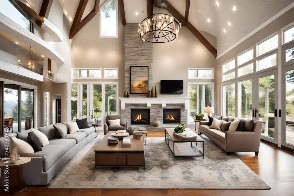 Beautiful living room interior with hardwood floors and fireplace in new luxury home with sliding glass doors and vaulted ceiling Beautiful living room interior with hardwood floors and fireplace in new luxury home with sliding glass doors and vaulted ceiling