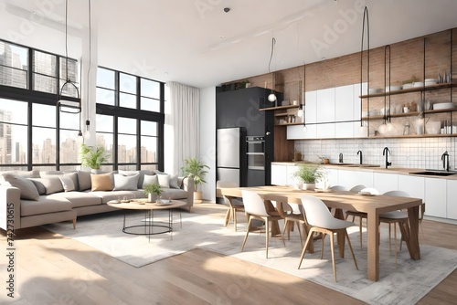 3d rendering. loft apartment with living room and kitchen. © Muhammad