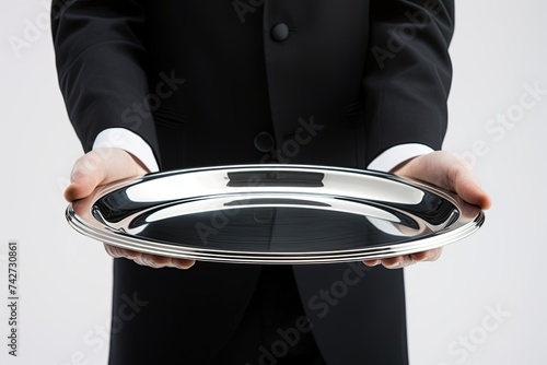 Waiter holding empty tray. Copy space. Add your design. Ai Generative
