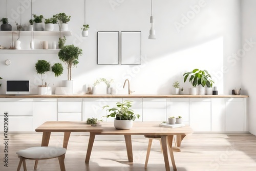 Wooden tabletop or countertop in minimal, modern and luxury white living room with white wall, desk, sofa and houseplant with sunlight at home for household and personal product display