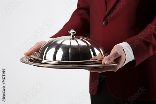 Close up hand of waiter with metal cloche lid cover and tray. Ai Generative photo