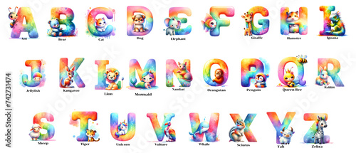 Colorful pictures of the letters A-Z form the category of animal names.