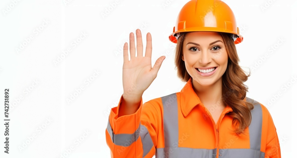 Trabajadora con casco saludando sonriente sobre fondo blanco - obrazy, fototapety, plakaty 