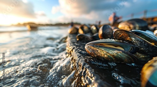 Process of mussel clam food production, depicting the harvesting and cultivation of these shellfish in a coastal environment