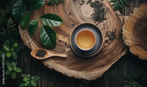 A wooden table set with a cup of tea, tea leaves, and a wooden spoon. The circle of the cup contrasts with the natural elements of wood and plant life