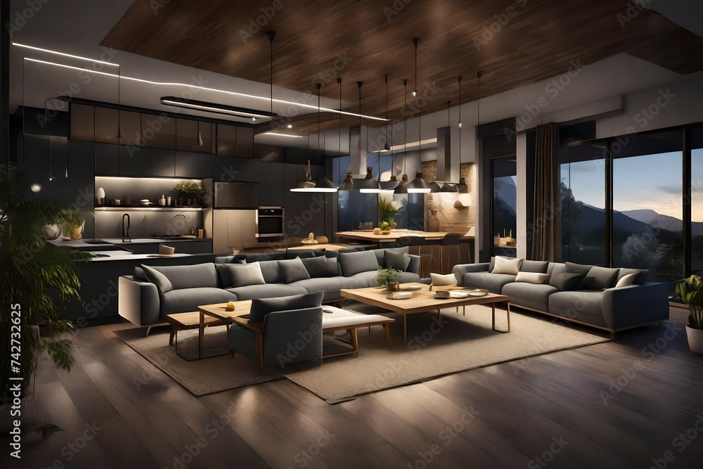 Digitally generated modern open concept home interior with living room, domestic kitchen and dining space at night Digitally generated modern open concept home interior with living room, domestic kitchen and dining space at night