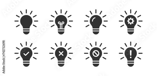 Light bulb icon. Idea, creative, innovation bulb. Electric energy. Bright lamp. Block, cancel, gear, check mark, exclamation mark signs.