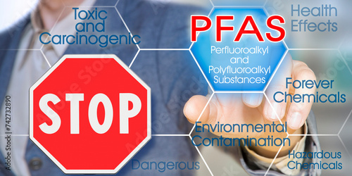 Stop dangerous PFAS - Perfluoroalkyl and Polyfluoroalkyl Substances, synthetic organofluorine chemical compounds - Concept with stop road sign photo