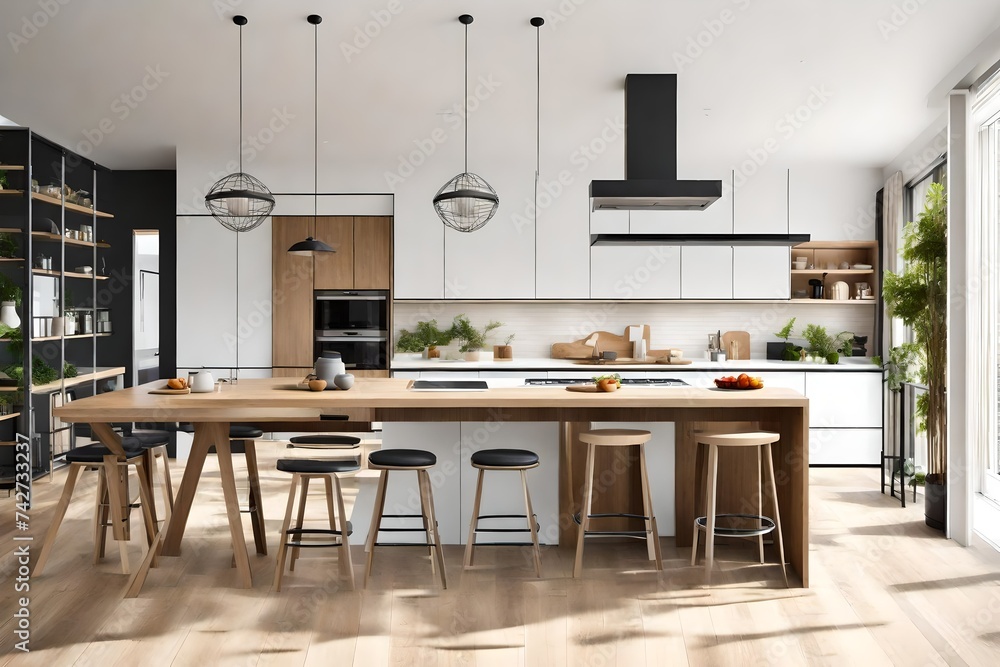 Modern Open Plan Kitchen With Kitchen Island, Stools, Dining Table And Sofa