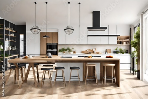 Modern Open Plan Kitchen With Kitchen Island  Stools  Dining Table And Sofa